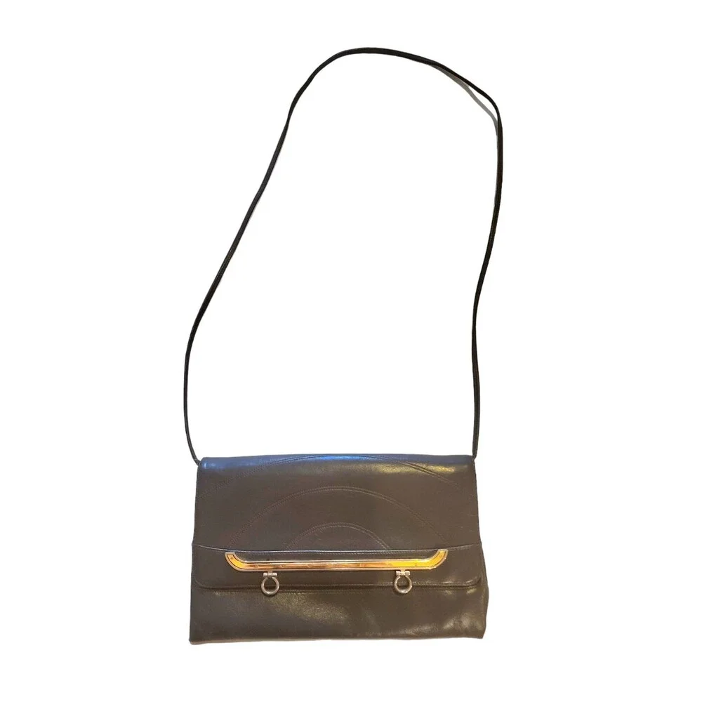Vintage Lou Taylor Gray Clutch Purse With Pop Out Mirror And Gold Accents